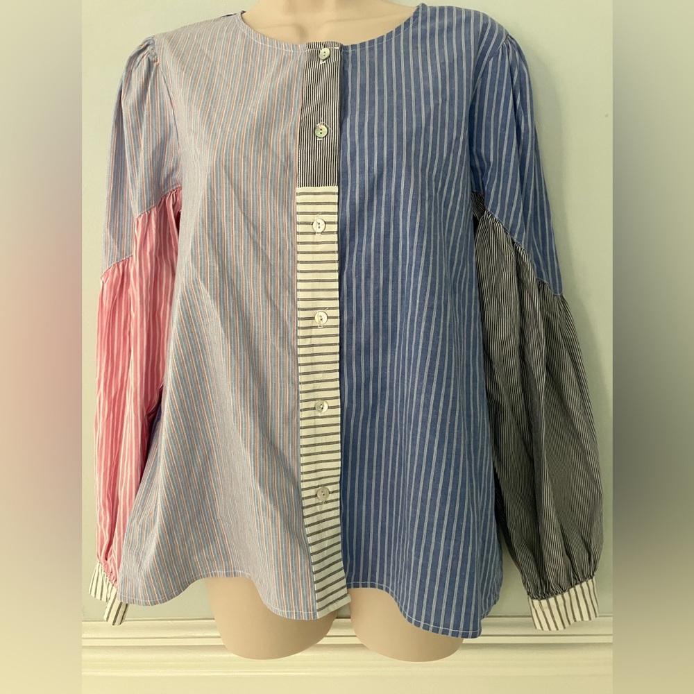 Anthropologie AMADI Carice patchwork striped blouse puff sleeves whimsigoth M